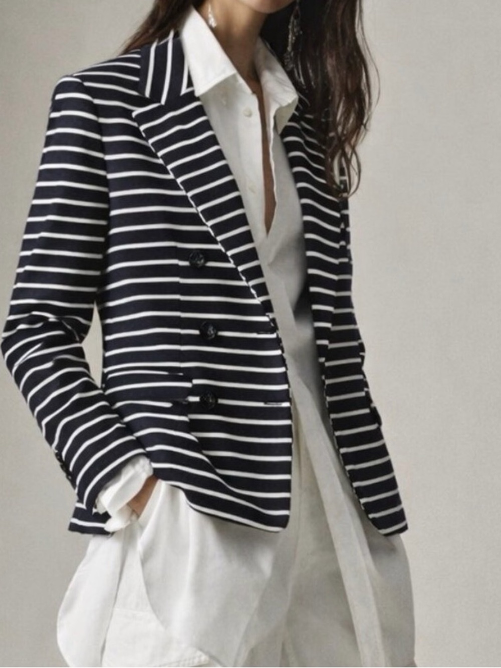 L.K. Bennett Navy & White
Striped Double-Breasted
Blazer Sz 8 Tailored Nautical